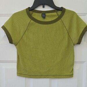 wild fable Olive Green Ribbed Crop Tee with Dark Olive Trim